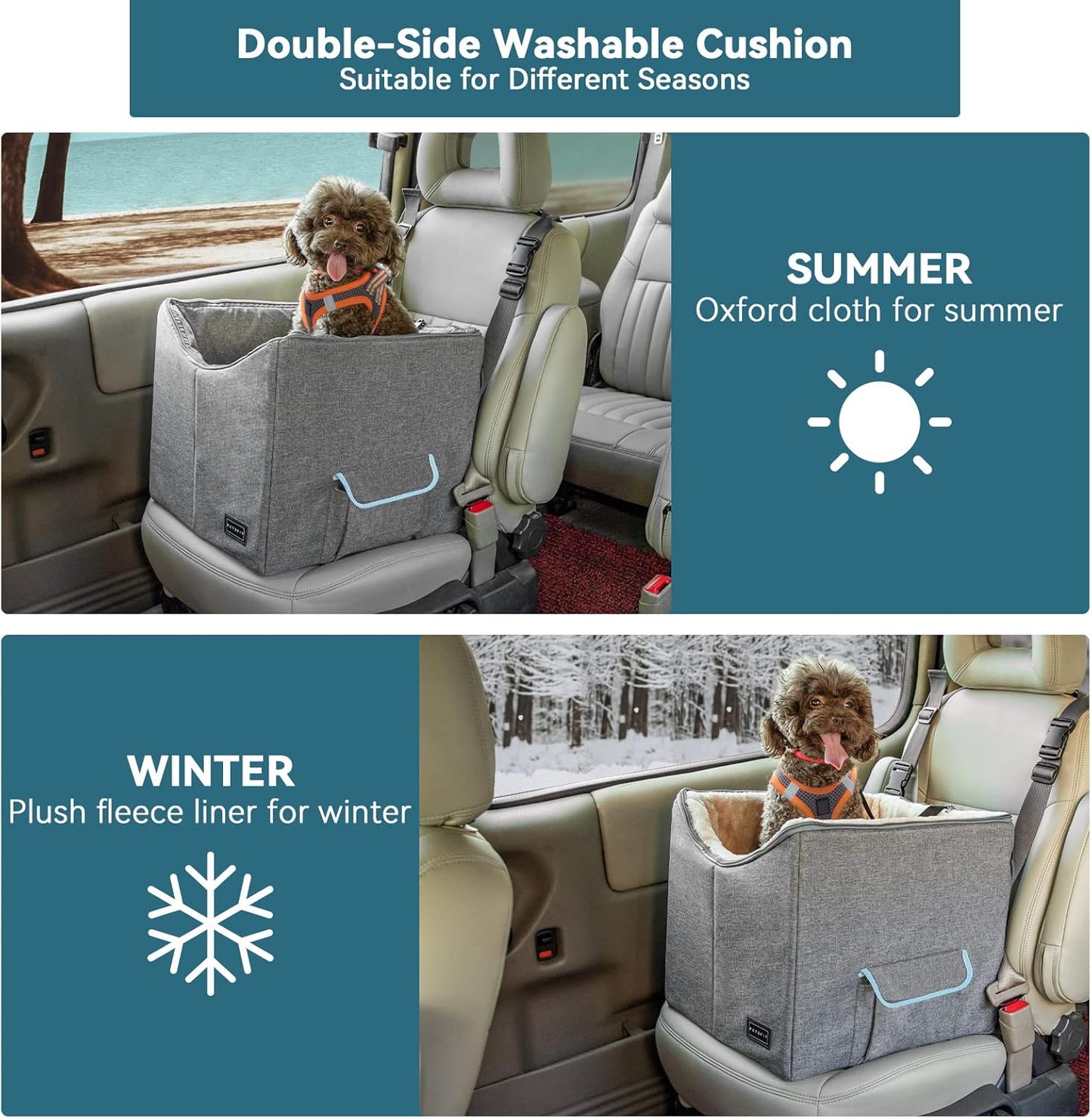 Small Dog Car Booster Seat with Safety Belt, Washable Double-Sided Cushion, and Storage Pocket for Small Pets (Light Grey)