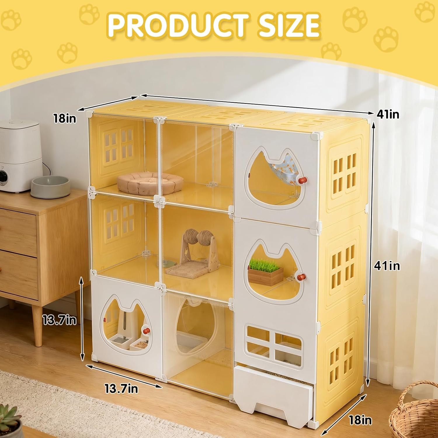 Cat Cage 3-Tier with Built-In Litter Box & Free Scoop Cat Enclosure with Detachable Metal Frame Transparent Window DIY Zones Cats Kennel for 1-3 Cats Indoor Playpen 41" X18" X 41"