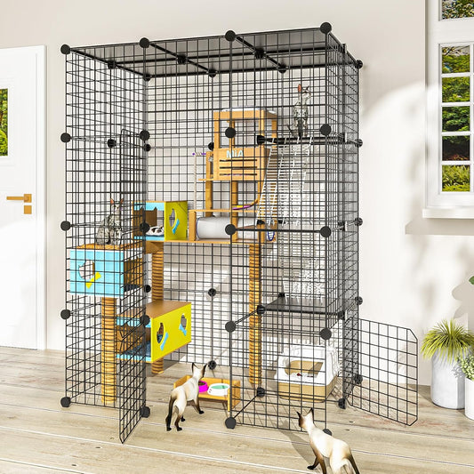 Cat Large Enclosure - DIY Catio Ideal for 1-3 Cats, Indoor & Outdoor, Detachable Metal Wire Kennel, 2X3X4 Exercise Place