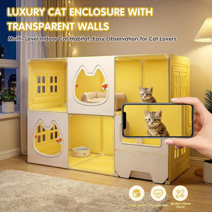 Cat Cage 3-Tier with Built-In Litter Box & Free Scoop Cat Enclosure with Detachable Metal Frame Transparent Window DIY Zones Cats Kennel for 1-3 Cats Indoor Playpen 41" X18" X 41"