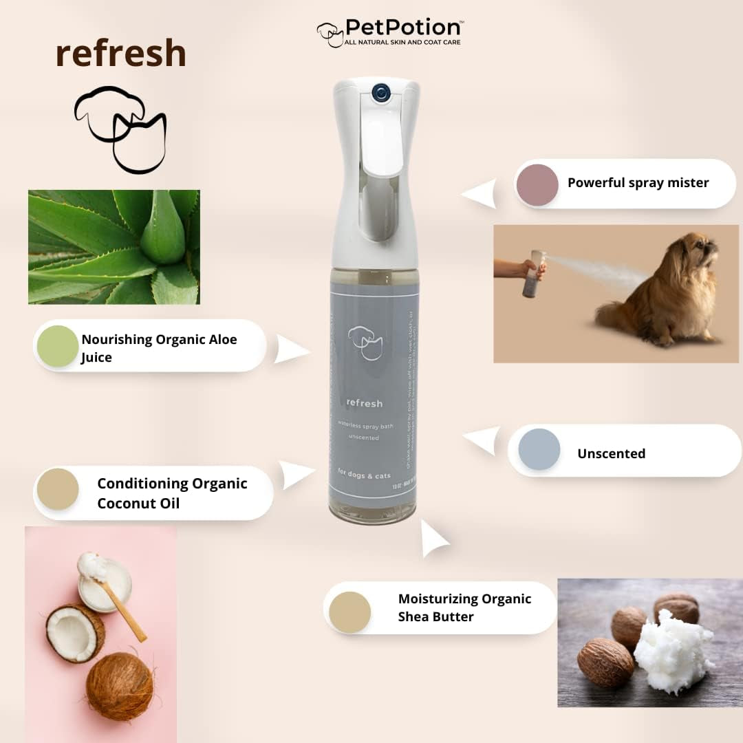 No Rinse, Waterless, Spray Shampoo for Dogs/Cats All-Natural Waterless Spray Pet Bath - Odor Eliminating - Pet Spray Deodorizer - Made in USA (Refresh (Unscented) 10 Oz)