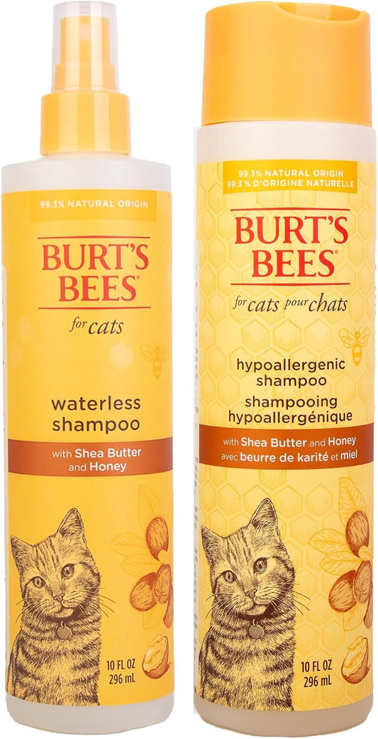 Burt’S Bees for Pets Cat Care Bundle: Waterless Cat Shampoo with Apple & Honey, 10Oz & Hypoallergenic Cat Shampoo with Shea Butter & Honey for Dry and Sensitive Skin