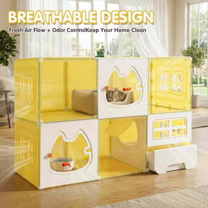 Cat Cage 3-Tier with Built-In Litter Box & Free Scoop Cat Enclosure with Detachable Metal Frame Transparent Window DIY Zones Cats Kennel for 1-3 Cats Indoor Playpen 41" X18" X 41"