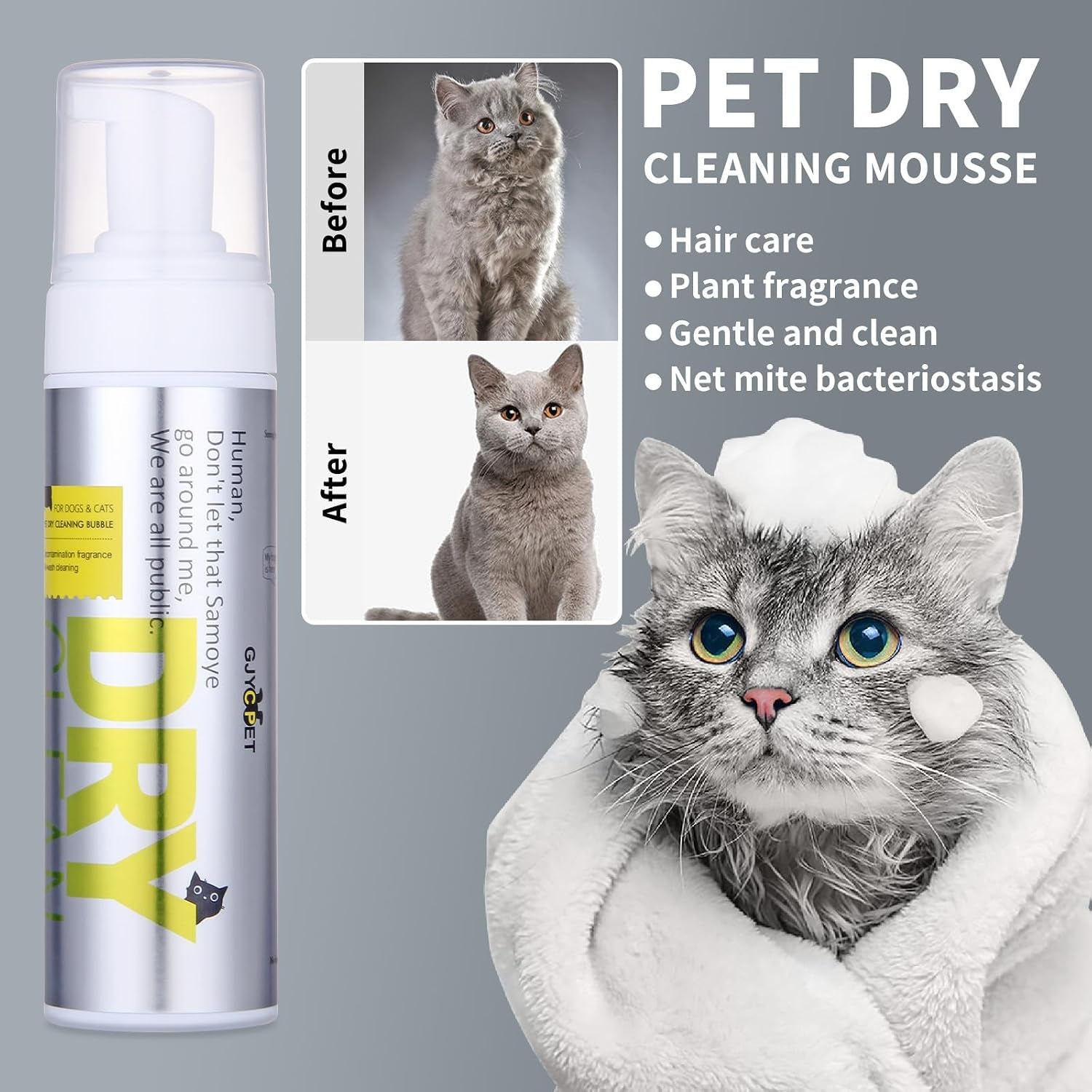 Waterless Kitten Shampoo Cat Shampoo - Licking Safe Dry Foam for Cats & Kittens | Rinse Free, Dander Reducing, Paraben-Free, Ph Balanced (6.76 Oz)
