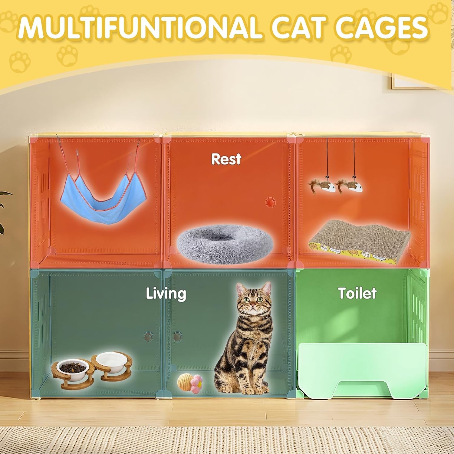 Cat Cage 3-Tier with Built-In Litter Box & Free Scoop Cat Enclosure with Detachable Metal Frame Transparent Window DIY Zones Cats Kennel for 1-3 Cats Indoor Playpen 41" X18" X 41"