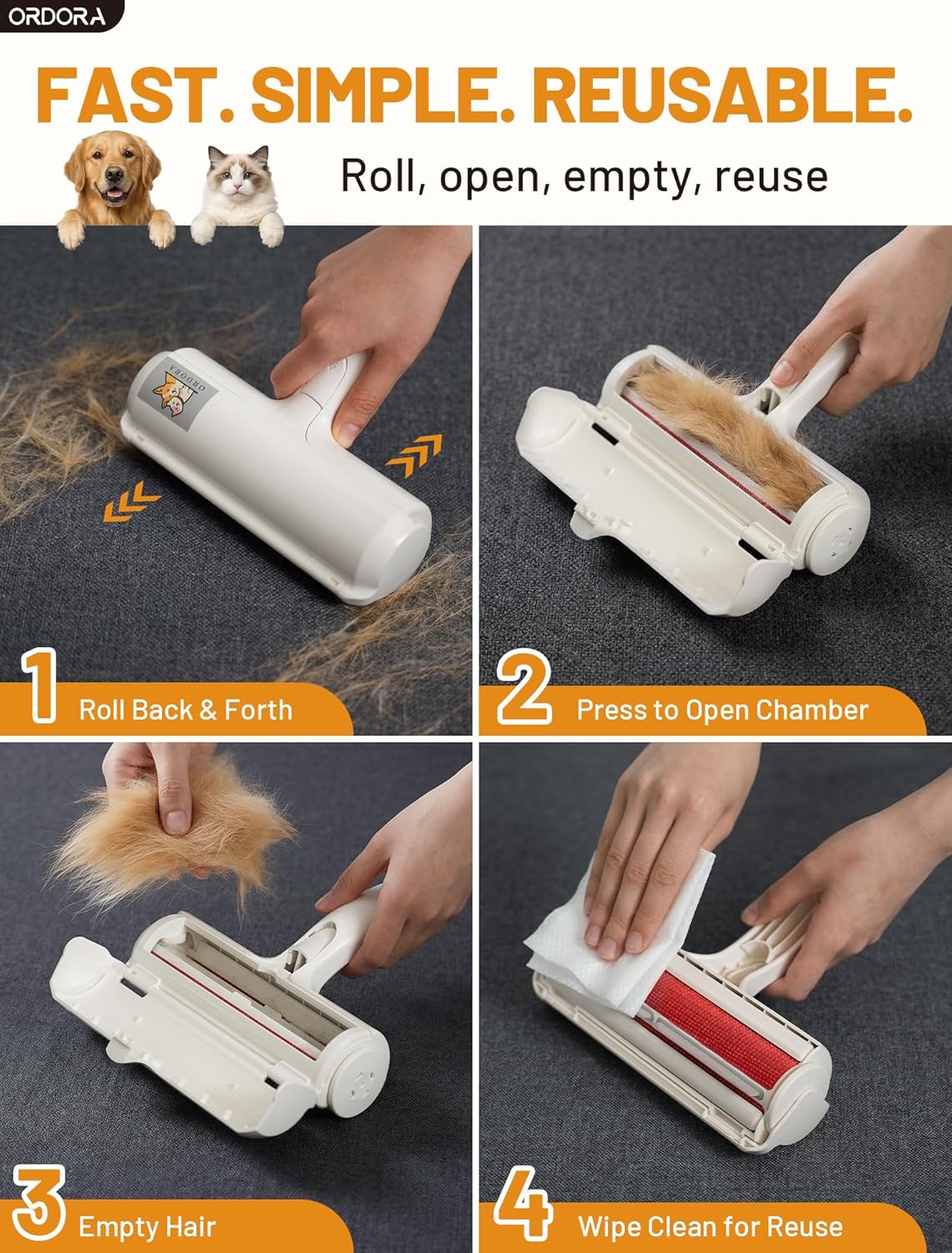 Pet Hair Removal Tool: Reusable Lint Roller for Pet Hair - Portable Pet Hair Remover - Dog and Cat Hair Remover for Couch, Bedding, Car, Rugs & Furniture, Eco-Friendly, for Multi-Pet Homes