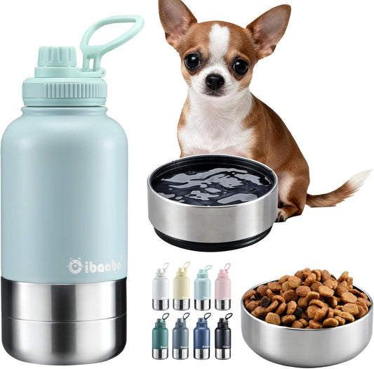 Insulated Dog Water Bottle with 2 Bowls, 32Oz Travel Stainless Steel Double Wall Thermos, Portable Pet Dispenser, Gifts for Puppy Small Medium Dogs Walking Hiking and Camping