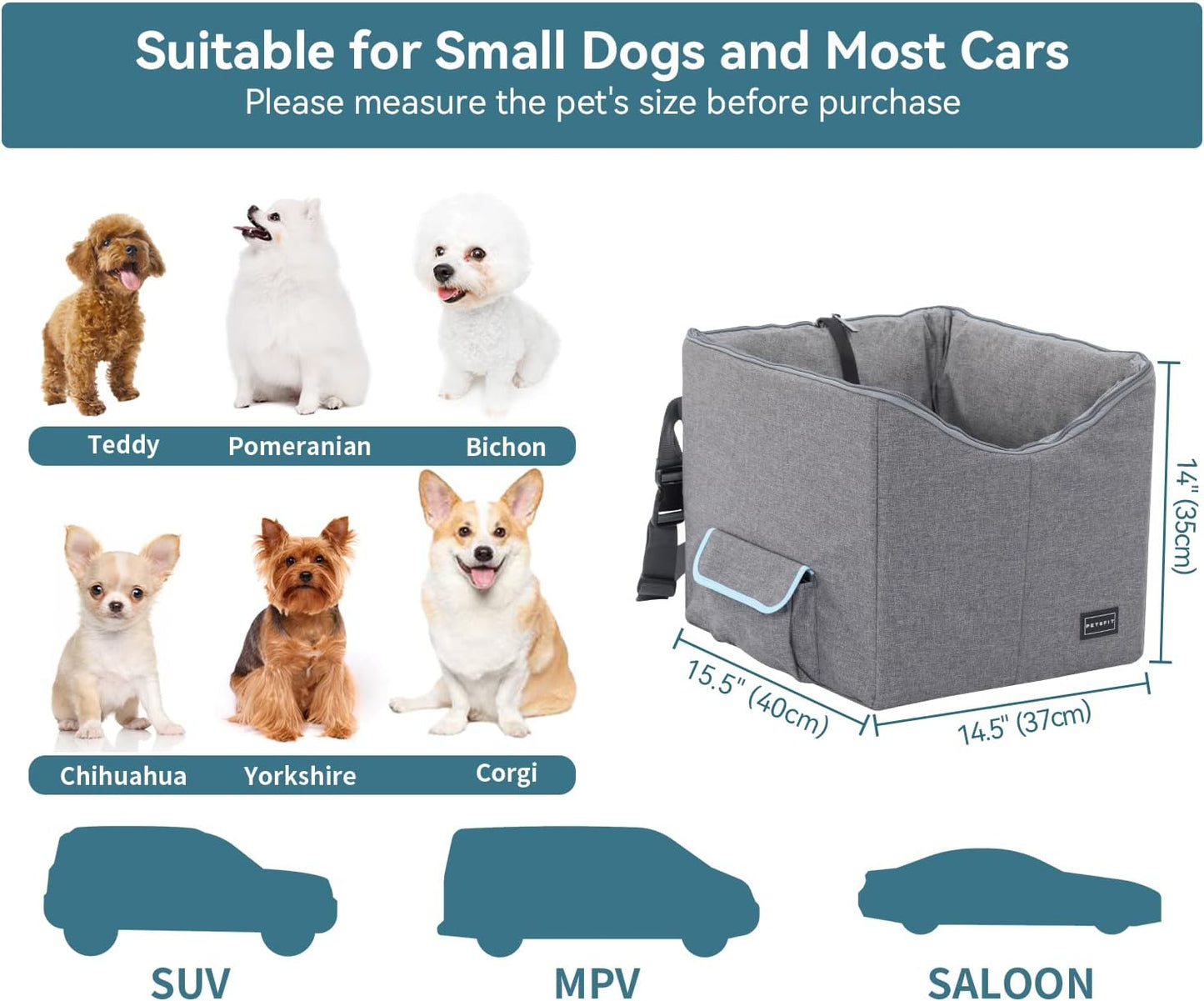 Small Dog Car Booster Seat with Safety Belt, Washable Double-Sided Cushion, and Storage Pocket for Small Pets (Light Grey)