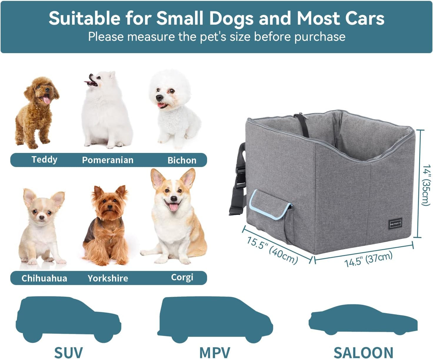 Small Dog Car Booster Seat with Safety Belt, Washable Double-Sided Cushion, and Storage Pocket for Small Pets (Light Grey)