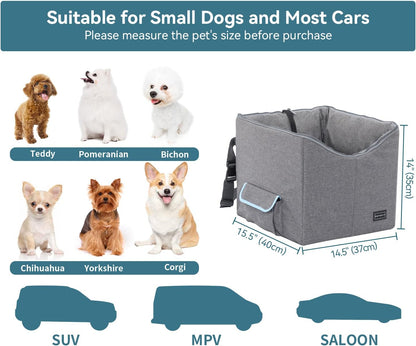 Small Dog Car Booster Seat with Safety Belt, Washable Double-Sided Cushion, and Storage Pocket for Small Pets (Light Grey)