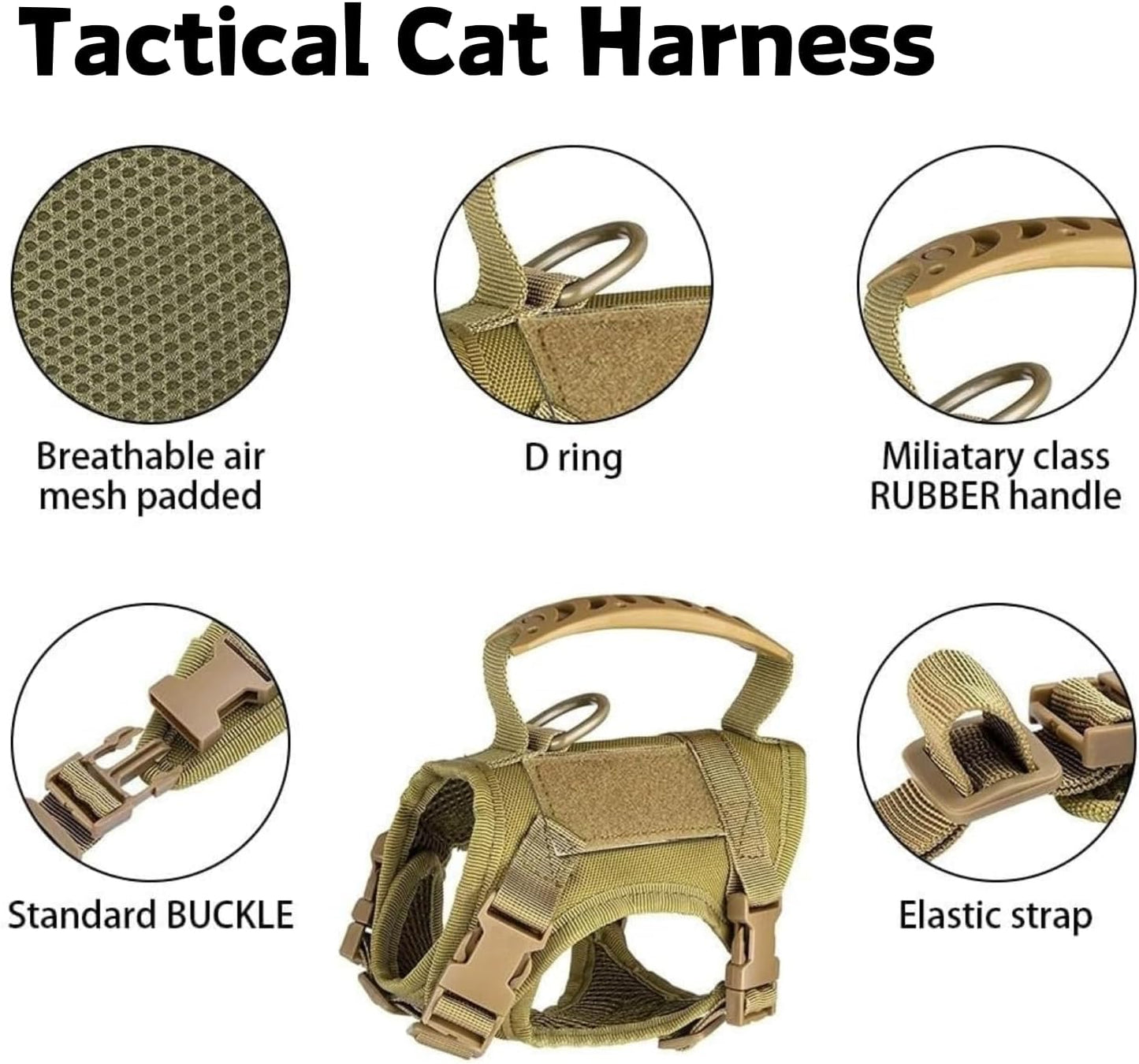 Tactical Cat Harness and Leash Set for Walking Escape Proof Adjustable Large Cat Vest Harness with Patches Soft Mesh Padding Rubber Handle Easy to Control (Khaki Harness & Leash)