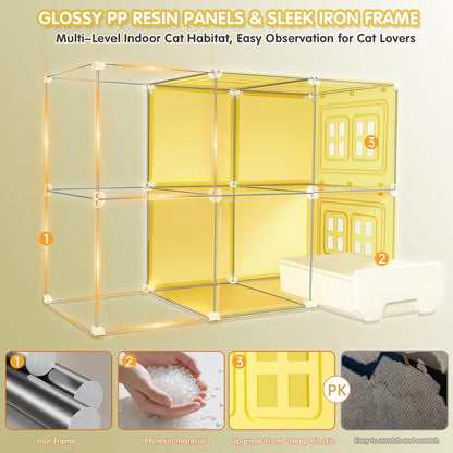 Cat Cage 3-Tier with Built-In Litter Box & Free Scoop Cat Enclosure with Detachable Metal Frame Transparent Window DIY Zones Cats Kennel for 1-3 Cats Indoor Playpen 41" X18" X 41"