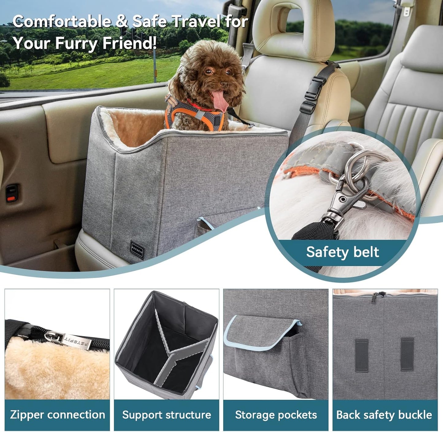 Small Dog Car Booster Seat with Safety Belt, Washable Double-Sided Cushion, and Storage Pocket for Small Pets (Light Grey)