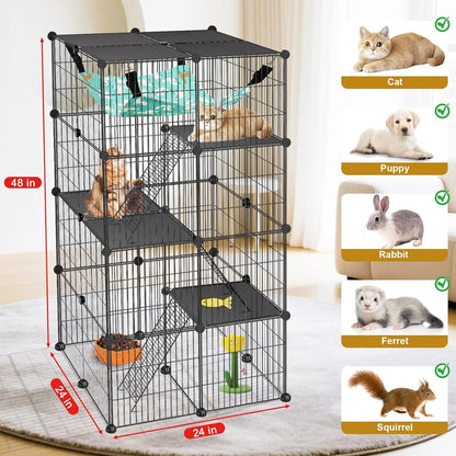 Cat Cage, 4-Tier DIY Cat Enclosures Catio, Cat Playpen Indoor & Outdoor with Hammock, Detachable Metal Wire Kennel Cats Crate, 2X2X4 Exercise Place for 1-3 Cats/Kitten