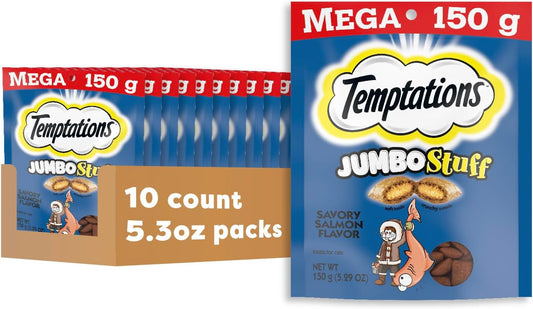 Jumbo Stuffed Cat Treats, Crunchy and Soft Cat Treats, Savory Salmon Flavor, 5.3 Oz. Pouches (Pack of 10)