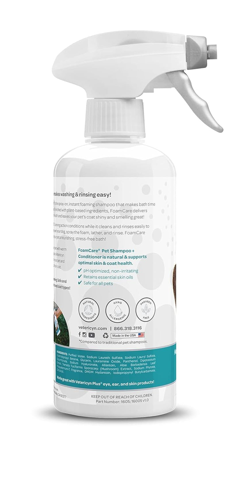 Foamcare Dog Shampoo and Conditioner - Instant Foaming, Spray-On Hypoallergenic Shampoo, Plant-Based Formula for Dogs and Cats. 16 Ounce