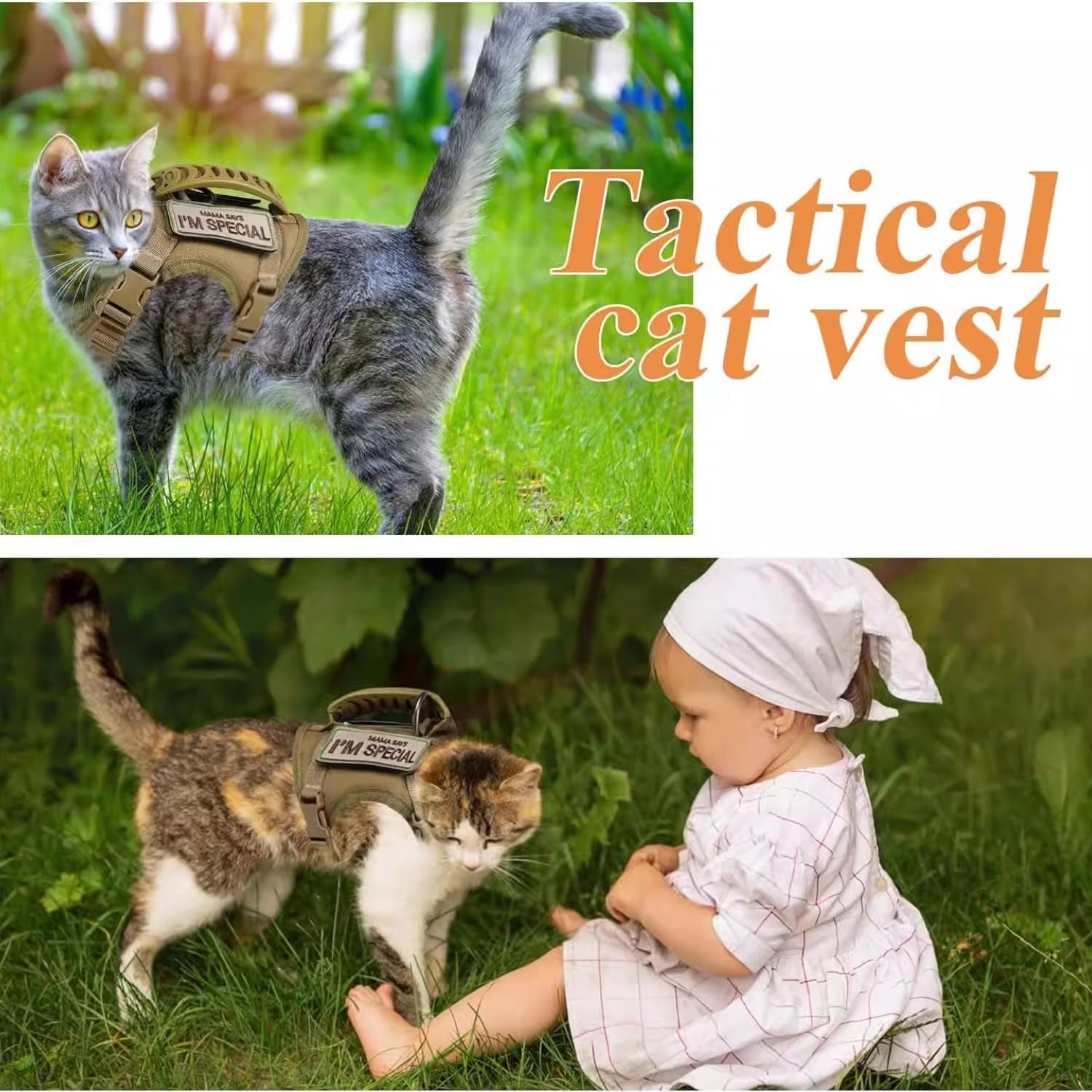 Tactical Cat Harness and Leash Set for Walking Escape Proof Adjustable Large Cat Vest Harness with Patches Soft Mesh Padding Rubber Handle Easy to Control (Khaki Harness & Leash)